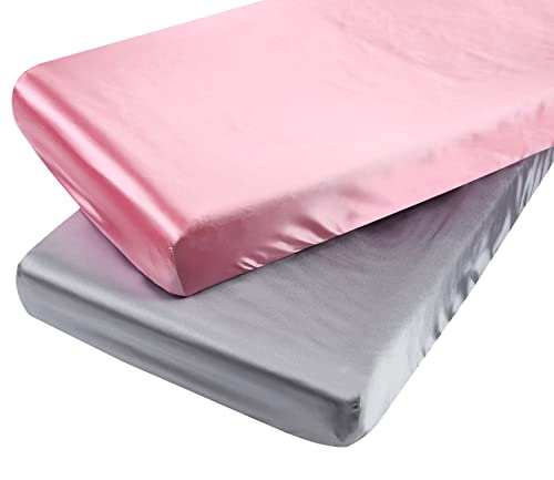 Satin Pack n Play Sheet Set 2 Pack Ultra Soft Silk Fitted Mini Crib Sheets Playard Sheet Protect for Baby Hair and Skin, Grey & Pink