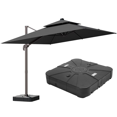 ZLACUIU 9x12FT Grey Cantilever Outdoor Patio Umbrella with Base, Large Rectangular Offset Design, Double Top Heavy Duty Aluminum Frame & 360° Rotation for Pool Garden Deck Backyard