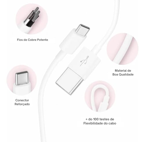 Carregador Turbo 55w USB-C com Cabo Tipo C 1 Metro, Fonte Bivolt 110v/220v, Carregamento Rápido Fast Charge, Compatível com Celular Android, iPhone, Tablet e Notebook