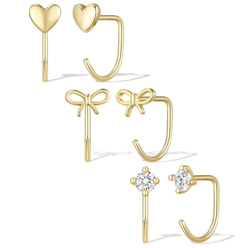 Backless Half Hoop Earrings for Women 14K Gold Plated Bow CZ Heart Charms