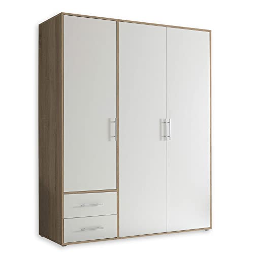 VALENCIA Kleiderschrank in Eiche Sonoma Optik, Weiß - Vielseitiger Drehtürenschrank 3-türig mit viel Stauraum für Ihr Schlafzimmer - 155 x 195 x 60 cm (B/H/T)