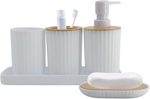 Bathroom Accessory Set 5Pcs White Bathroom Accessories Set with Trash Can, Soap Dispenser, Soap Dish, Toothbrush Holder, Toothbrush Cup, Toilet Brush