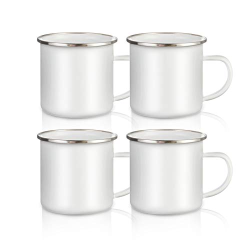 PYD Life Sublimation Blanks Enamel Mug - White 12 OZ Camping Outdoor Coffee Travel Metal Skinny With Silver Rim for Tumbler Press Print - 4 Pack