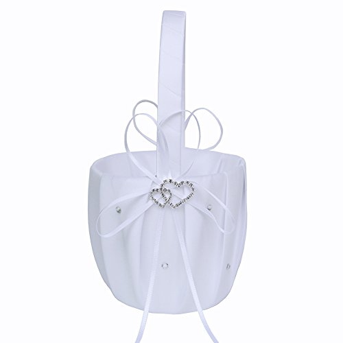 ARKSU Flower Girl Basket with Satin Ribbon and 2 Heart Rhinestones 5x8.5 inch for Rustic Wedding Shower Ceremony Party-White - Thumbnail 5