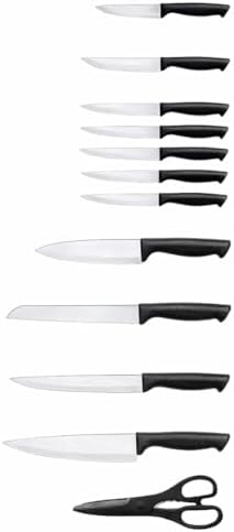 .- Juego de cuchillos de cocina de 14 piezas con bloque de madera - hojas de acero inoxidable revestido de negro, cuchillo de chef, pan, bistec + tijeras
