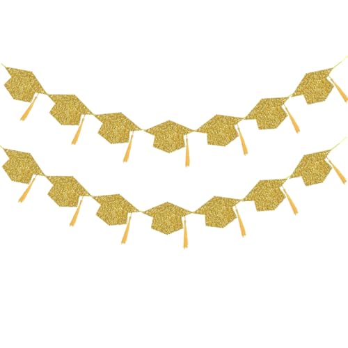 2025 Graduation Hats Decoration Banners Gold Glitter Graduation Cap with Tassel Banners Garlands Class of 2025 Graduate Party Banners for College High School Party Decorations