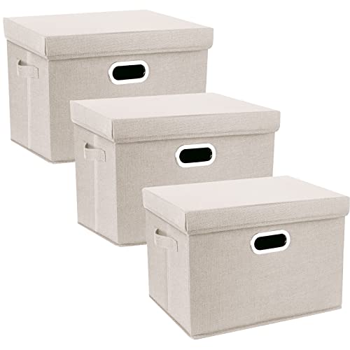 TYEERS Aufbewahrungsbox mit Deckel Groß, Stoff, Faltbare, Waschbare, Kisten Aufbewahrung mit Deckel, 44x30x29 cm, 3-Stück, Beige