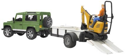 bruder 02593 - Land Rover Defender Station Wagon mit Einachsanhänger, JCB Mikrobagger 8010 Cts, Bauarbeiter - 1:16 Pick-up Geländewagen Jeep Fahrzeug Bagger Baufahrzeug bworld Arbeiter Spielzeugfigur