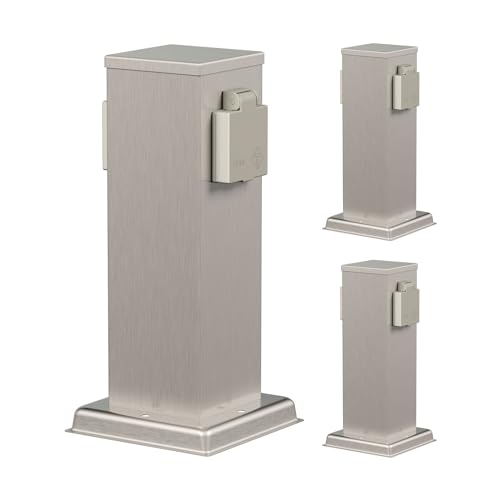 ledscom.de 3X Garten Steckdosensäule Polly für außen, IP44, 2-Fach, Edelstahl, Edelstahl, eckig, 27 cm