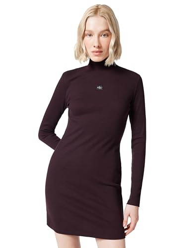 Donna Abito Attillato Woven Label Ribbed Mini con Colletto alla Coreana, Marrone (Mocha Brown), M