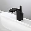 Lovedima Modern Single Joystick Handle Single Hole Solid Brass Waterfall Spout Bathroom Sink Faucet (Black)