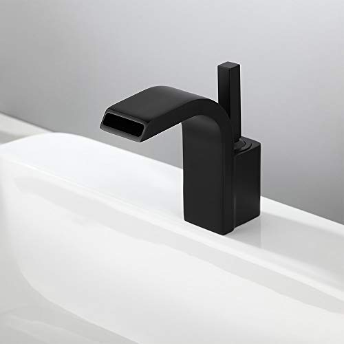 Lovedima Modern Single Joystick Handle Single Hole Solid Brass Waterfall Spout Bathroom Sink Faucet (Black)