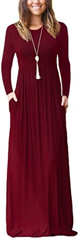 Women Long Sleeve Round Neck Loose Plain Maxi Dresses Casual Long Dresses With Pockets