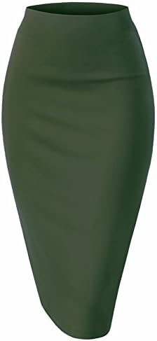 Women Elastic Waist Band Stretchy Fabric Pencil Skirt (Small, Olive)