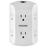 PHILIPS 6 Outlet Wall Charger, Resettable Circuit Breaker, Grounded, Multi Outlet, Side Access, Space Saving Design, Wall Tap, White, SPS1460WA/37
