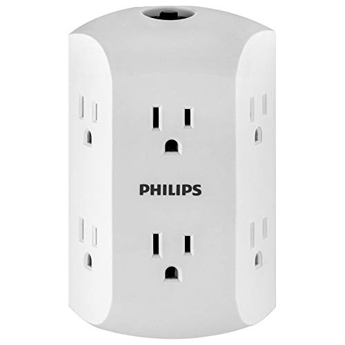 PHILIPS 6 Outlet Wall Charger, Resettable Circuit Breaker, Grounded, Multi Outlet, Side Access, Space Saving Design, Wall Tap, White, SPS1460WA/37