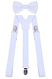 WDSKY Mens Suspenders with Clips White Bow Tie and Suspenders for Men White Solid
