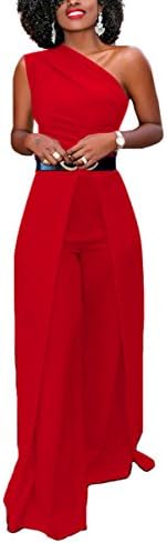 MissLover Women's Sexy One Shoulder Solid Jumpsuits Wide Leg Long Romper Pants Without Belt Red 2XL