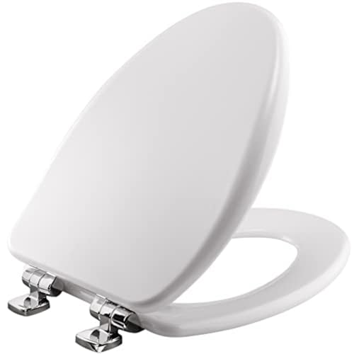 Bemis Alesio Slow Close Toilet Seat, Sleek Chrome Hinges and Adjustable Perfect Fit Wood Seat, Made in USA, Elongated, White