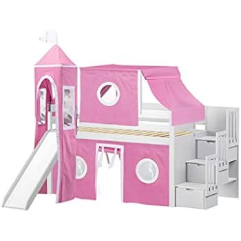 JACKPOT! Princess Low Loft Stairway Bed with Slide Pink & White Tent and Tower, Loft Bed, Twin, White