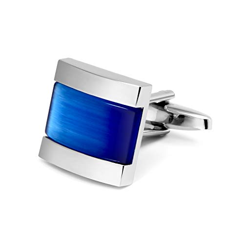 VIILOCK Square Cat Eye Cufflinks for Men Opal Sliver Tone Cuff Links Business Wedding Gift (Blue)