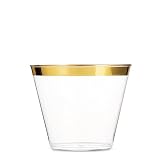 100 Gold Plastic Cups 9 Oz Clear Plastic Cups Old Fashioned Tumblers Gold Rimmed Cups Fancy Disposable Wedding Cups Elegant Party Cups with Gold Rim