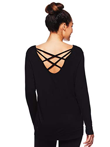 Gaiam Women's Long Sleeve Yoga & Workout T Shirt - Activewear Top w/Open Back Detail - Emma Black, 2X