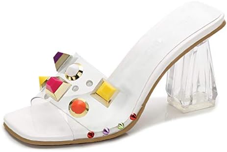 POCARTZ Women's Mid High Heels Clear Slide Slipper Mules Perspex Transparent Sandals Shoes