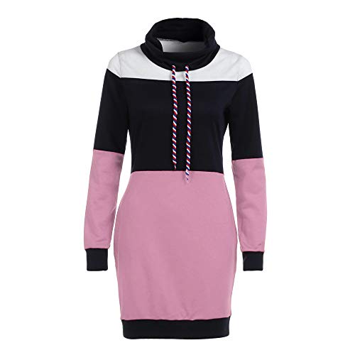 POQOQ Dress Women Long Sleeve Ladies Casual Bodycon Short Mini Sundress L Pink