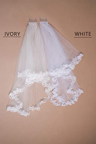 Women's Short 2 Tier Lace Wedding Bridal Veil With Comb,Ivory - Thumbnail 6