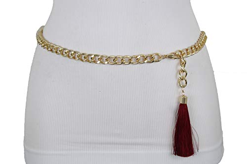 TFJ Women Fashion Gold Metal Chains Belt Hip High Waist Burgundy Red Tassel Charm XS S M
