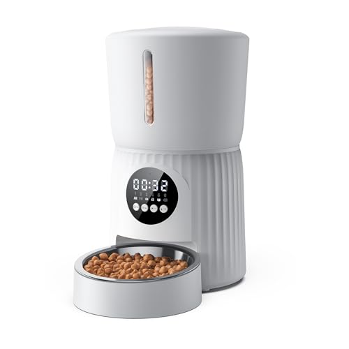 Faroro 4L Automatic Cat Food Dispenser, Cat and Dog Food Dispenser with Stainless Steel Bowl, Timer Function, 1 to 6 Meals a Day