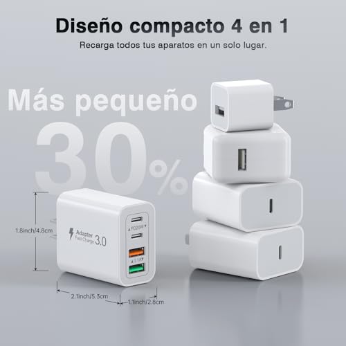 BOVICAS Cargador Tipo C Carga Rapida, 2 Unidades 4 Puertos, QC3.0 Súper Rápido Adaptador Cuadro Cuadrito Charger para Compatible con iPhone 17 Pro MAX 16 15 14 13 12 Galaxy S24 Ultra S25 Pixel, Note