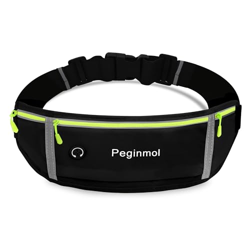 PEGINMOL Running Belt for Mobile Phone, Running Bag Jogging Waterproof Runner Waist Bag for Men and Women with 3 Pockets, Large Capacity Sports Belt, Adjustable Running Belt for Running (Black + Green)