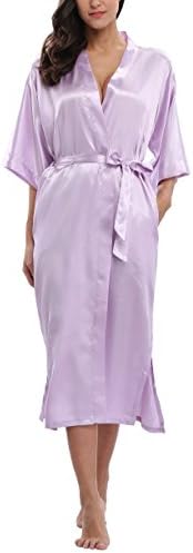 Kimono Palace Women's Silk Robe Long Satin Kimono Robe Lightweight Bathrobe With Pockets For Bride and Bridesmaids Lightpurple XL