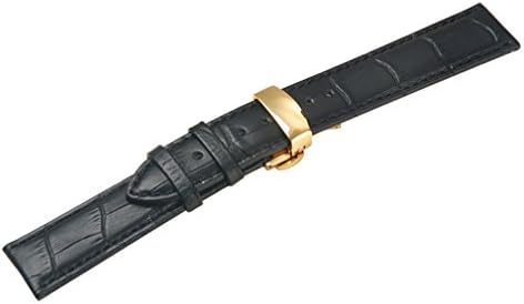Uyoung 22mm Men's Black Genuine Leather Crocodile Grain Golden Push Butterfly Clasp Watch Band