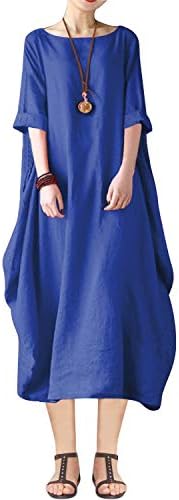BONESUN Women Plus Size Batwing Linen Cotton Loose Kaftan Casual Dress
