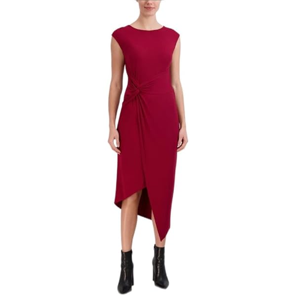 LAUNDRY BY SHELLI SEGAL womens Cap Sleeve Asymmetrical Midi With Knot Front  Dress, Black, X-Small US at Amazon Women's Clothing store