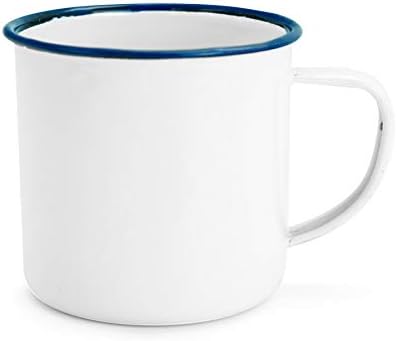 Rink Drink White Enamel Tea/Coffee Mugs - 350ml - Blue Trim