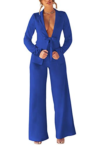 Ohvera Women's Solid Long Sleeve Front Bow Tie Two Piece Blazer Wide Leg Pants Suit Jumpsuit with Collar Blue Medium - Thumbnail 7