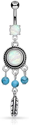 Opal Glitter Center with Turquoise Beads Dream Cathcher Dangle Surgical Steel Belly Button Navel Ring