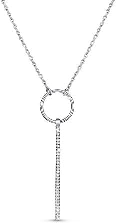 TINYSAND 925 Sterling Silver Lariat Bar Necklace Feminine Circle Y-shaped Necklace Vertical Bar Looped Necklace, 17.4"