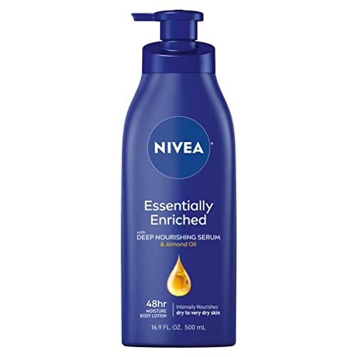 NIVEA ESSENTIALLY ENRICHED BODY LOTION FOR VERY DRY SKIN WITH HYALURONIC ACID, ALMOND OIL AND DEEP NOURISHING SERUM, 72-HOUR BODY MOISTURIZER, 16.9 FL OZ PUMP BOTTLE, PACK OF 2