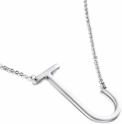 Jwoolw Stainless Steel Silver Sideways Big Initial Alphabet 26 Letters Name Pendant Chain Necklace From A-Z for Girls (Style J)