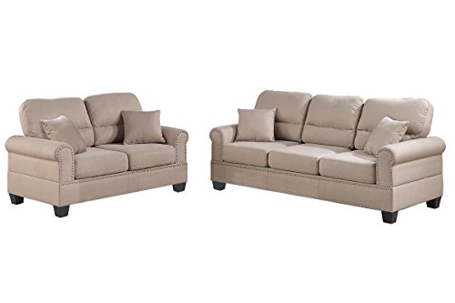 Poundex F7879 Bobkona Shelton Linen-Like 2 Piece Sofa and Loveseat Set, Sand