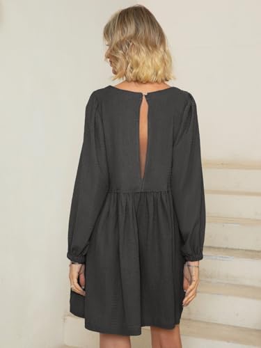 GLAMAKER WOMENS FLOWY SUMMER TUNIC DRESS PUFF SLEEVE CREW NECK CASUAL BABYDOLL MINI DRESSES XXL DARK GREY
