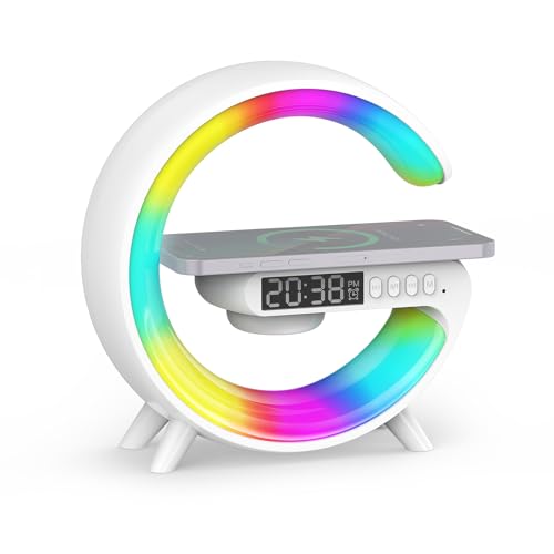 Smiling Shark Lichtwecker, Intelligente Wecker Licht Atmosphärenlicht 10 Modus mit Kabelloses Ladegerät und Bluetooth Lautsprecher Taste Steuerung Sonnenaufgang Licht Wecker für Wohnzimmer