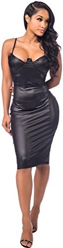 GUXMO Women's Pu Leather Sleeveless Bodycon Strap Party Mid Dresses