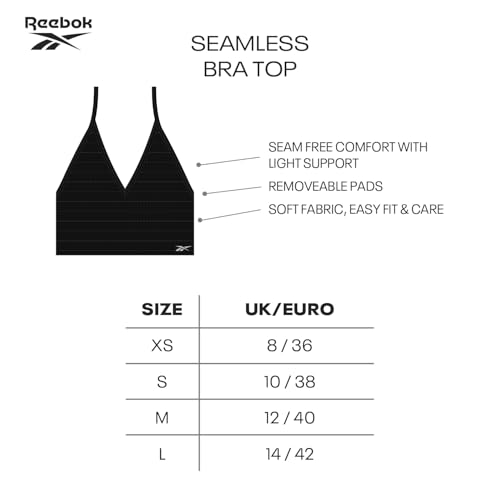 Reebok Top Corto Acanalado sin Costuras Mujer,Top Estilo Sujetador sin Costuras con sujeción Ligera, sin Aros y con Almohadillas extraíbles,Disponible en Negro o Blanco, en 4 Tallas