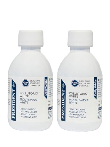 President KIT 2 COLLUTORIO WHITE ad azione sbiancante professionale. Denti più bianchi, efficace azione antibatterica, antiplacca e antitartaro. Gusto menta, rinfrescante antialitosi. 2X200ml
